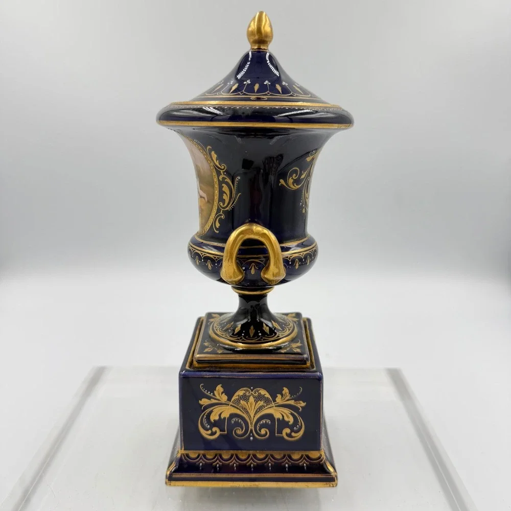 Antique Royal Vienna Cobalt Covered Urn Signed C Heer Austria Hand Painted Amor
